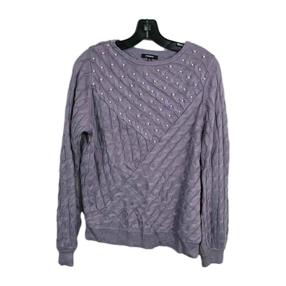Premise Womens XL Purple Cable Knit Pearl Embellished Crew Neck Sweater Pullover